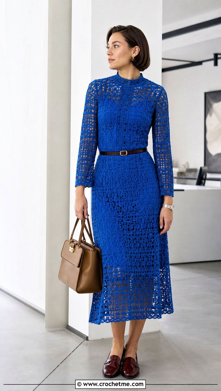 High Neck Crochet Boho Midi Dress With Loafers - 30 crochet boho dress outfit ideas