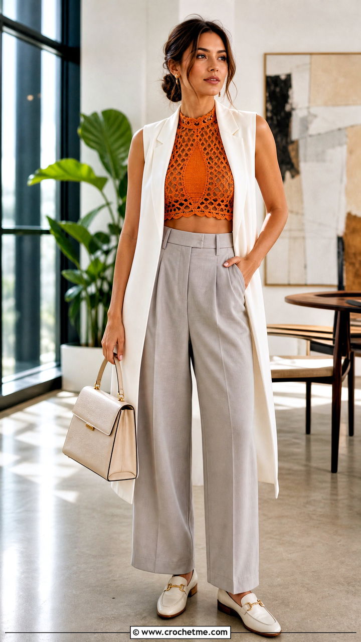High Neck Crochet Bralette With Pleated Trousers - 35 crochet bralette outfit ideas