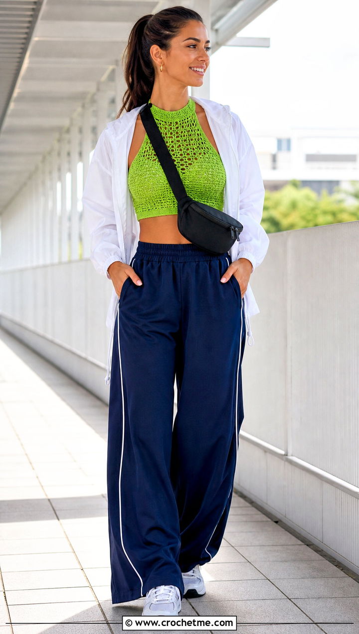 High Neck Crochet Bralette With Track Pants - 15 simple crochet bralette outfit ideas
