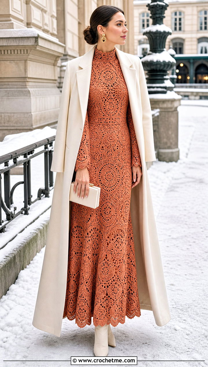 High Neck Crochet Bridal Gown With Tailored Coat - 30 crochet bridal dress outfit ideas