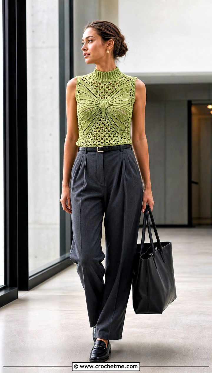 High Neck Crochet Butterfly Top With Pleated Pants - 30 crochet butterfly tops outfit ideas