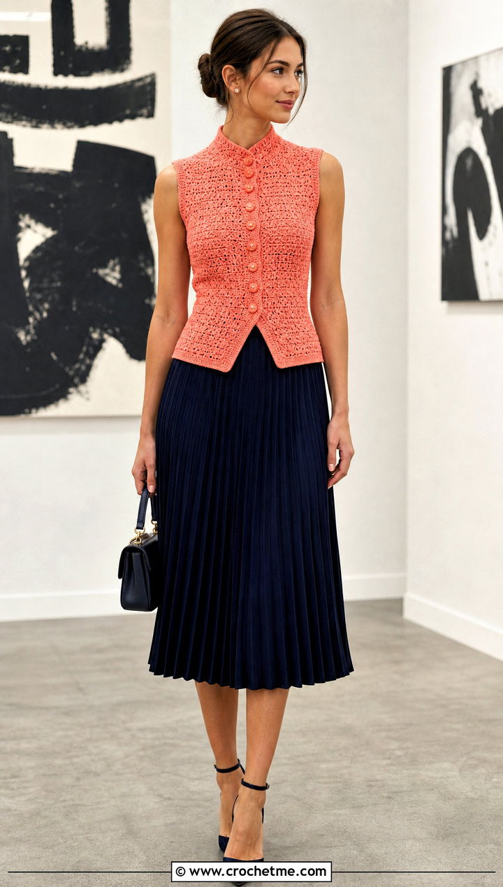 High Neck Crochet Button Vest With Pleated Midi Skirt - 35 crochet button vest outfit ideas