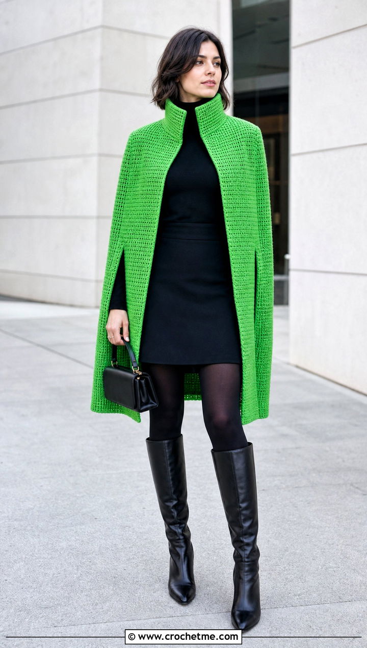High Neck Crochet Cape Coat With Mini Skirt And Tights - 15 Crochet Cape Coat outfit ideas