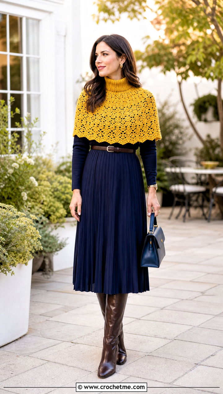 High Neck Crochet Capelet With Pleated Midi Dress - 15 Outlander Crochet Capelet outfit ideas