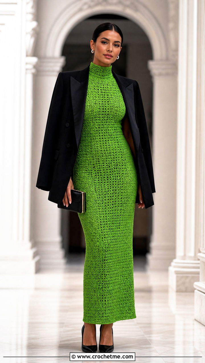 High Neck Crochet Column Dress With Tuxedo Blazer - 35 Formal Crochet Dress outfit ideas