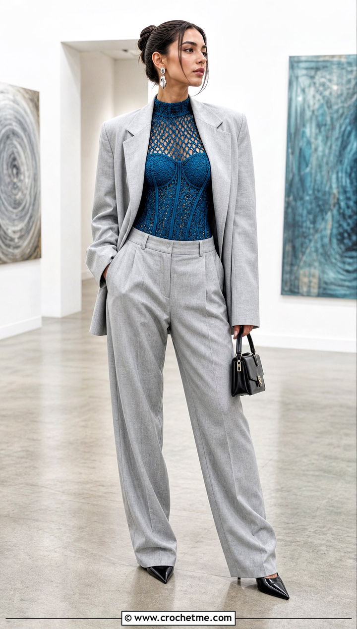 High Neck Crochet Corset Top With Oversized Suit - 35 high neck crochet top outfit ideas