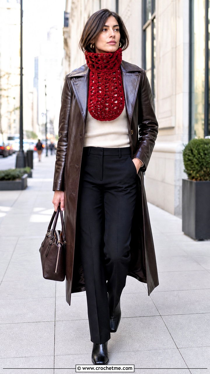 High Neck Crochet Cowl With Leather Trench - 35 crochet cowls outfit ideas