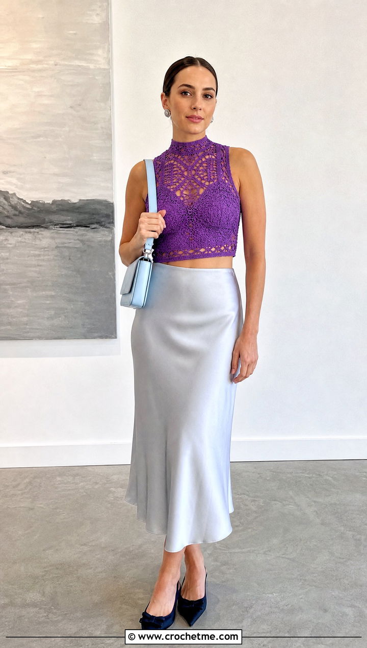 High Neck Crochet Crop Top With Bias Cut Midi Skirt - 30 cute crochet crop top outfit ideas