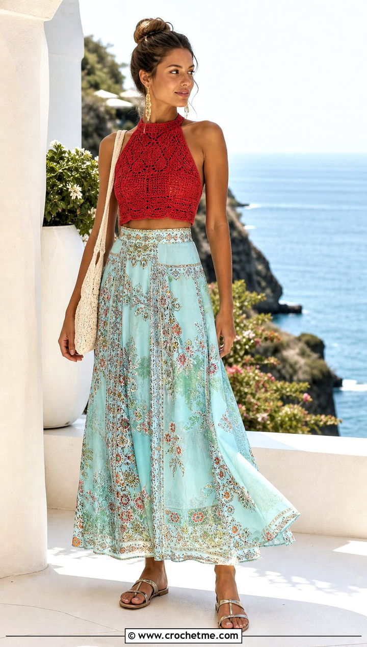High Neck Crochet Crop Top With Maxi Skirt - 15 crochet knitted crop top outfit ideas