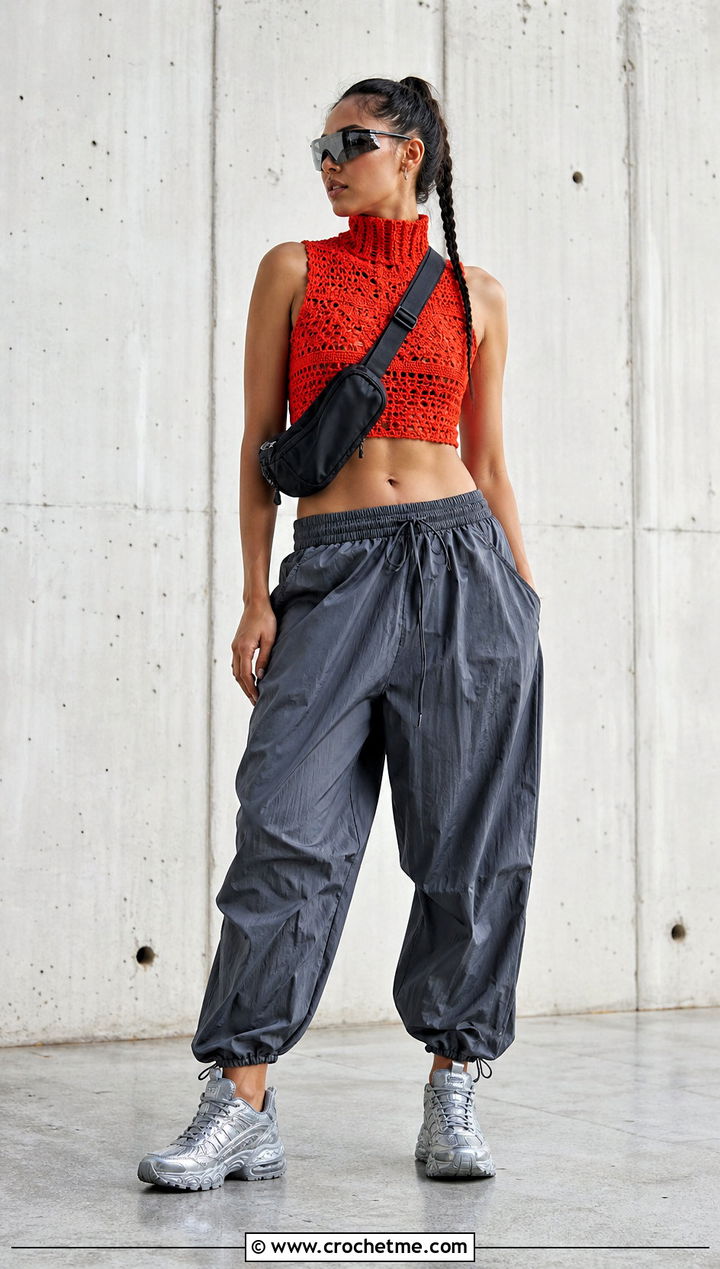 High Neck Crochet Crop Top With Parachute Pants - 20 Festival Crochet Top outfit ideas