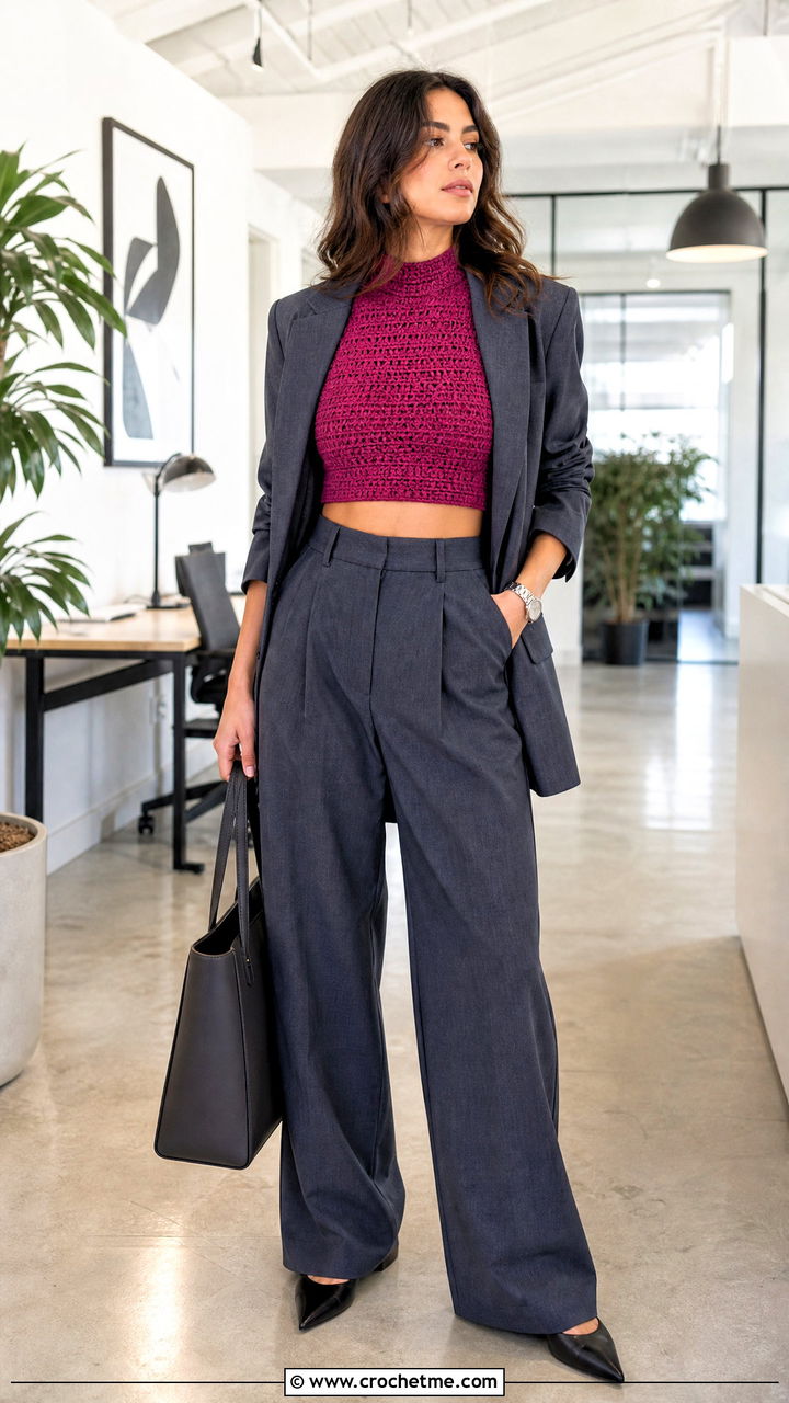 High Neck Crochet Crop Top With Suit Pants - 35 crochet crop top outfits ideas