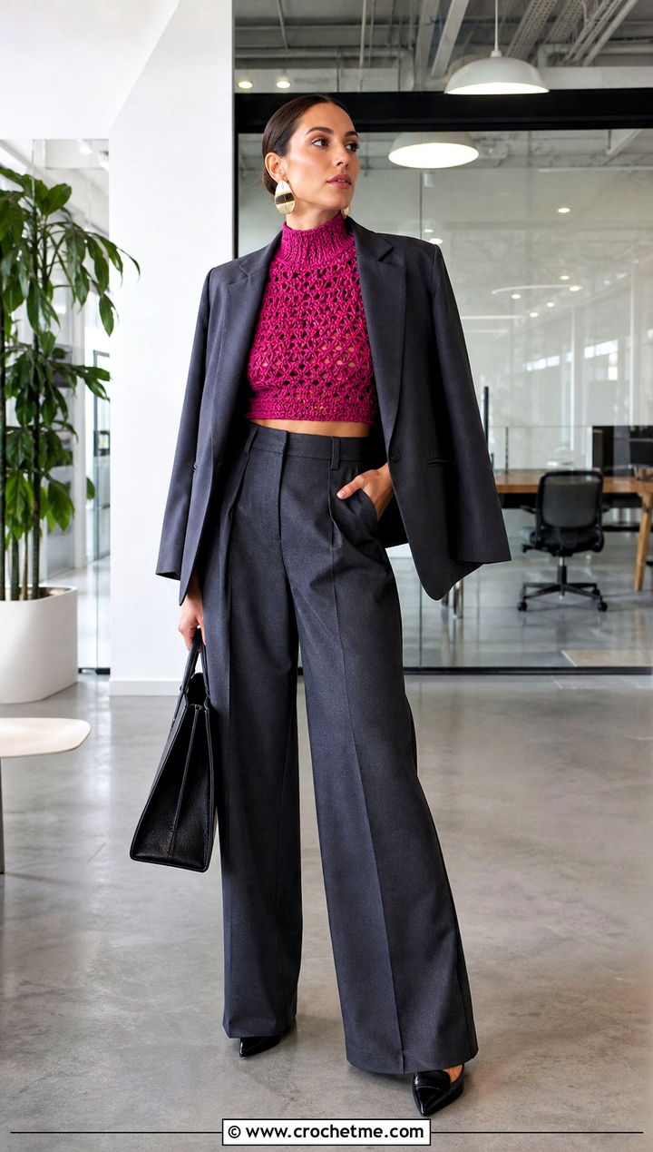 High Neck Crochet Crop Top With Suit Trousers - 25 crocheting crop top outfit ideas