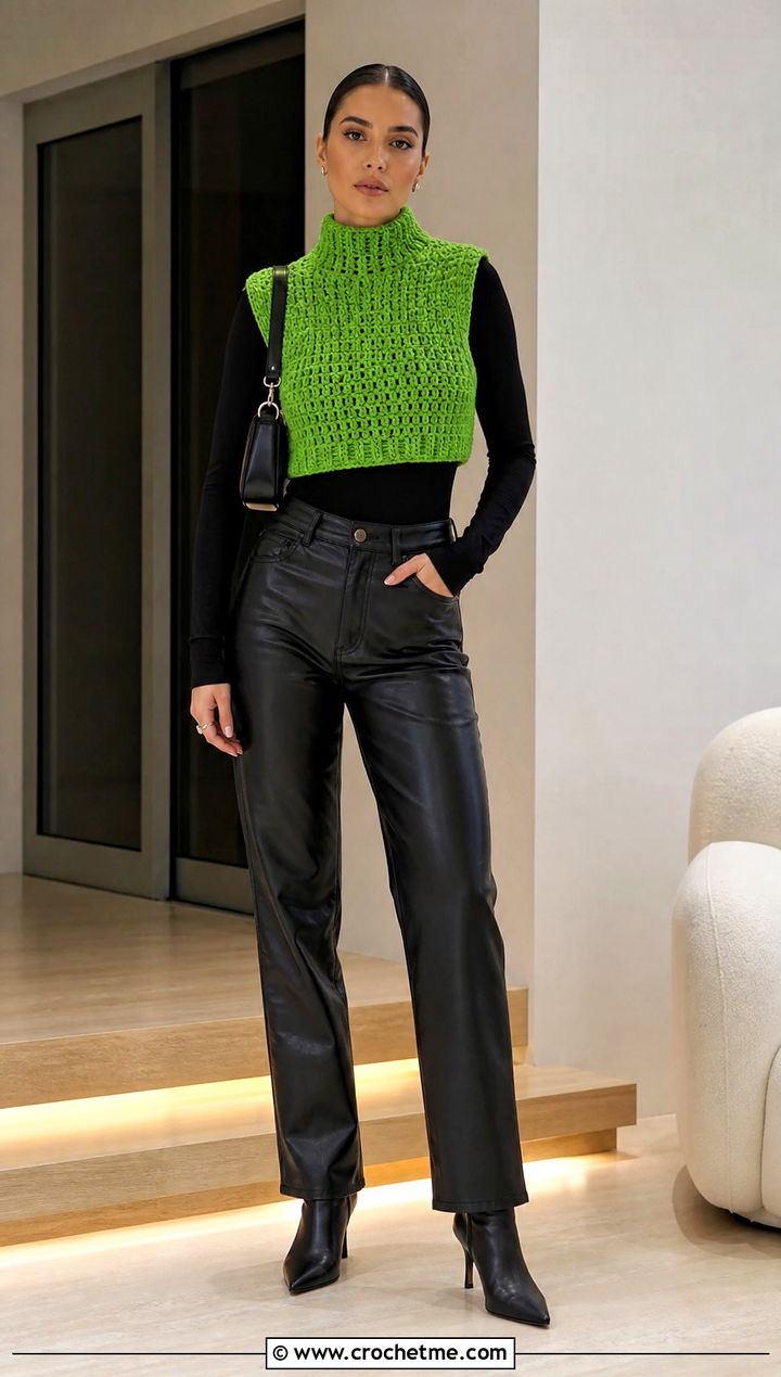 High Neck Crochet Cropped Vest With Leather Pants - 15 crochet cropped vest outfit ideas
