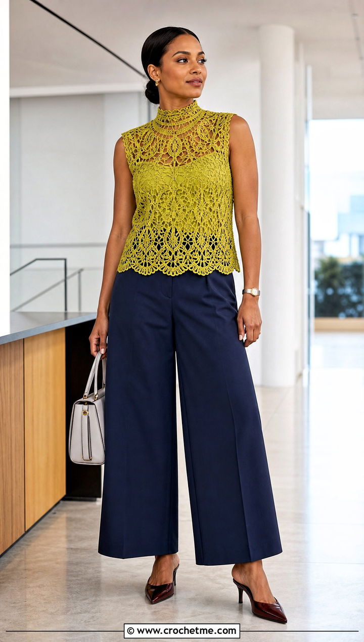 High Neck Crochet Delilah Top With Culottes - 30 crochet delilah top outfit ideas