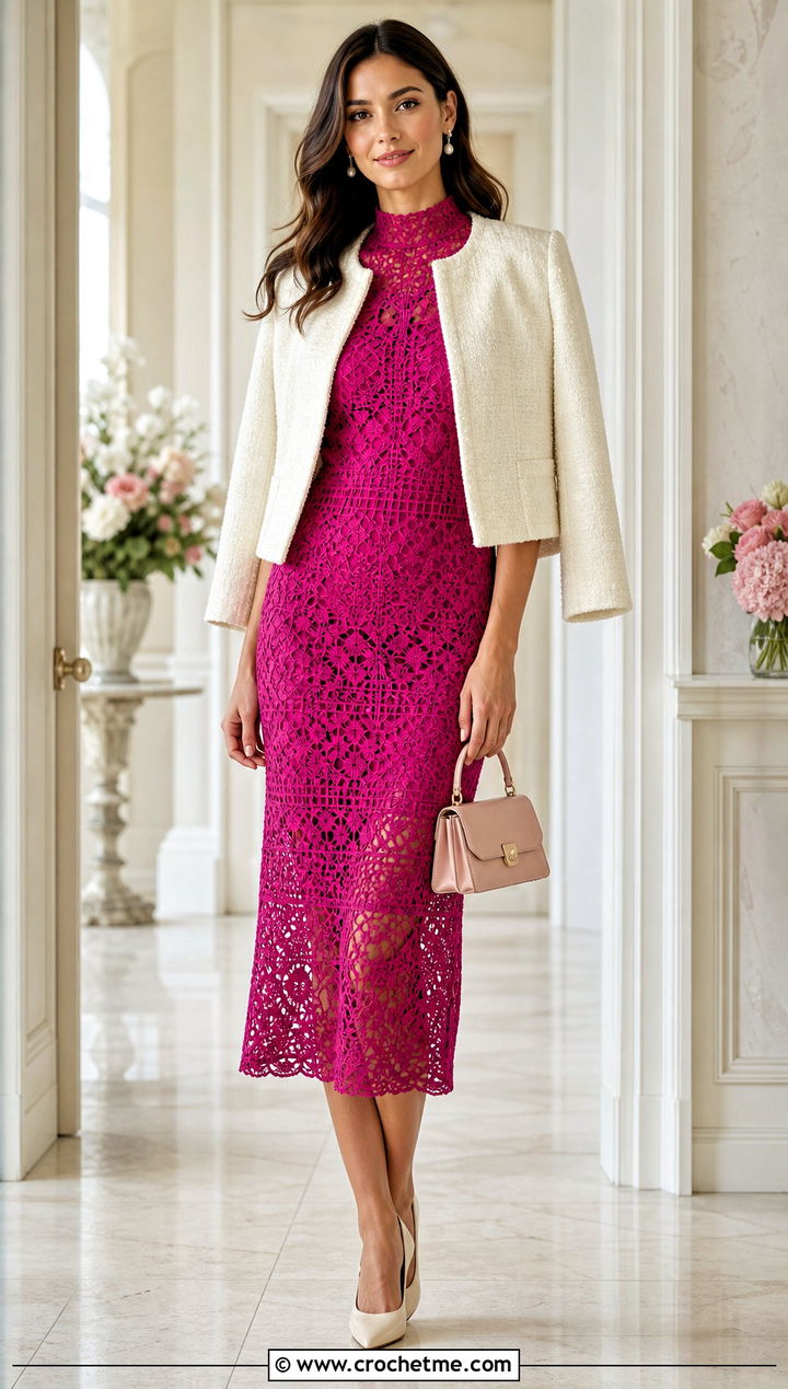 High Neck Crochet Dress With Cropped Boucle Jacket - 20 elegant crochet dress outfit ideas