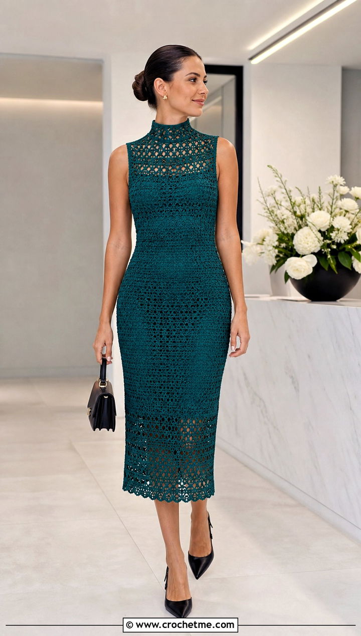 High Neck Crochet Dress With Slingback Pumps - 30 crochet fancy dress outfit ideas
