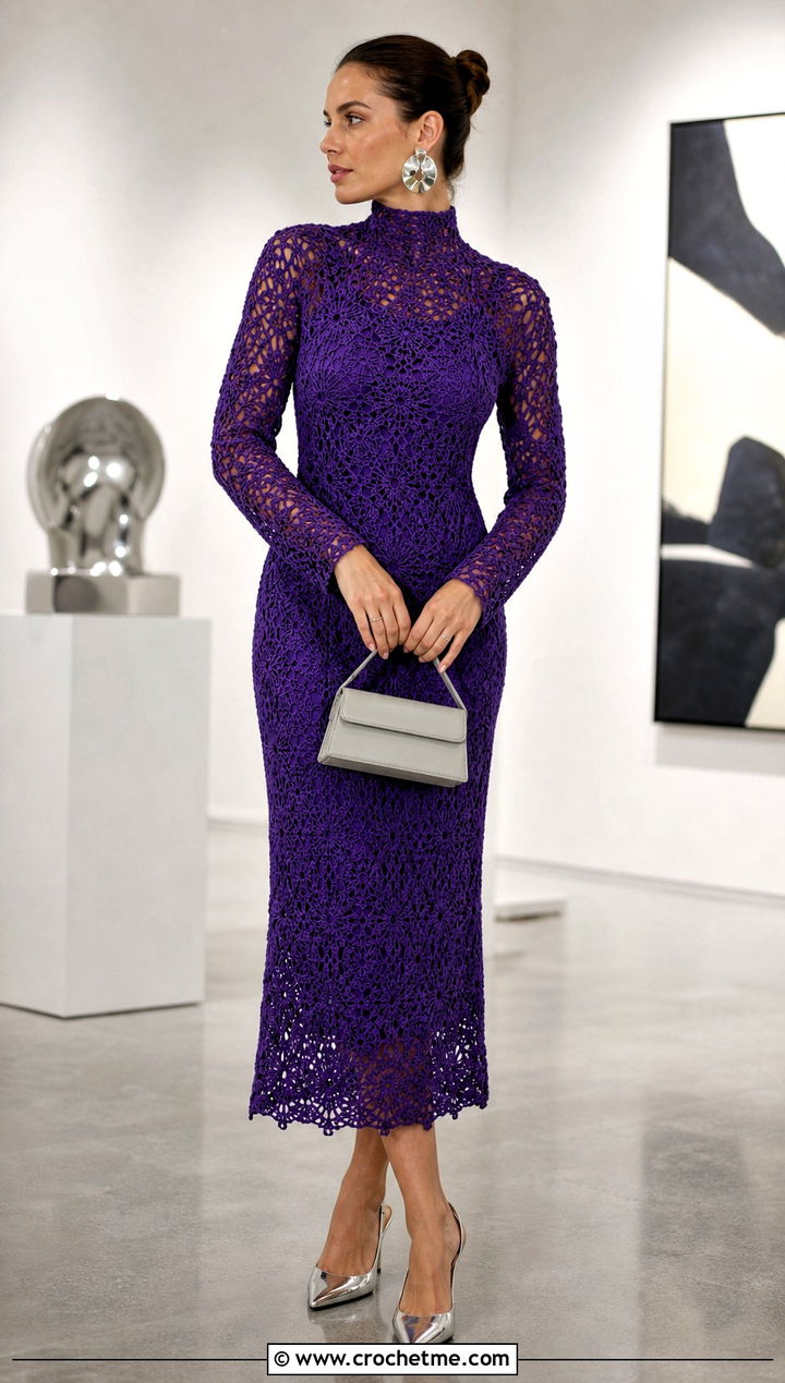 High Neck Crochet Dress With Statement Earrings - 30 crochet dress accessories outfit ideas