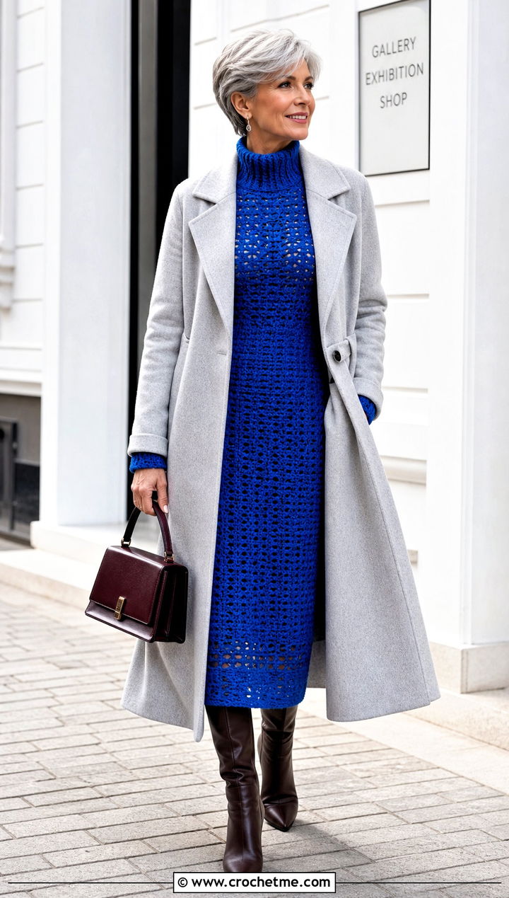 High Neck Crochet Dress With Tall Boots - 35 Crocheting Dress outfit ideas
