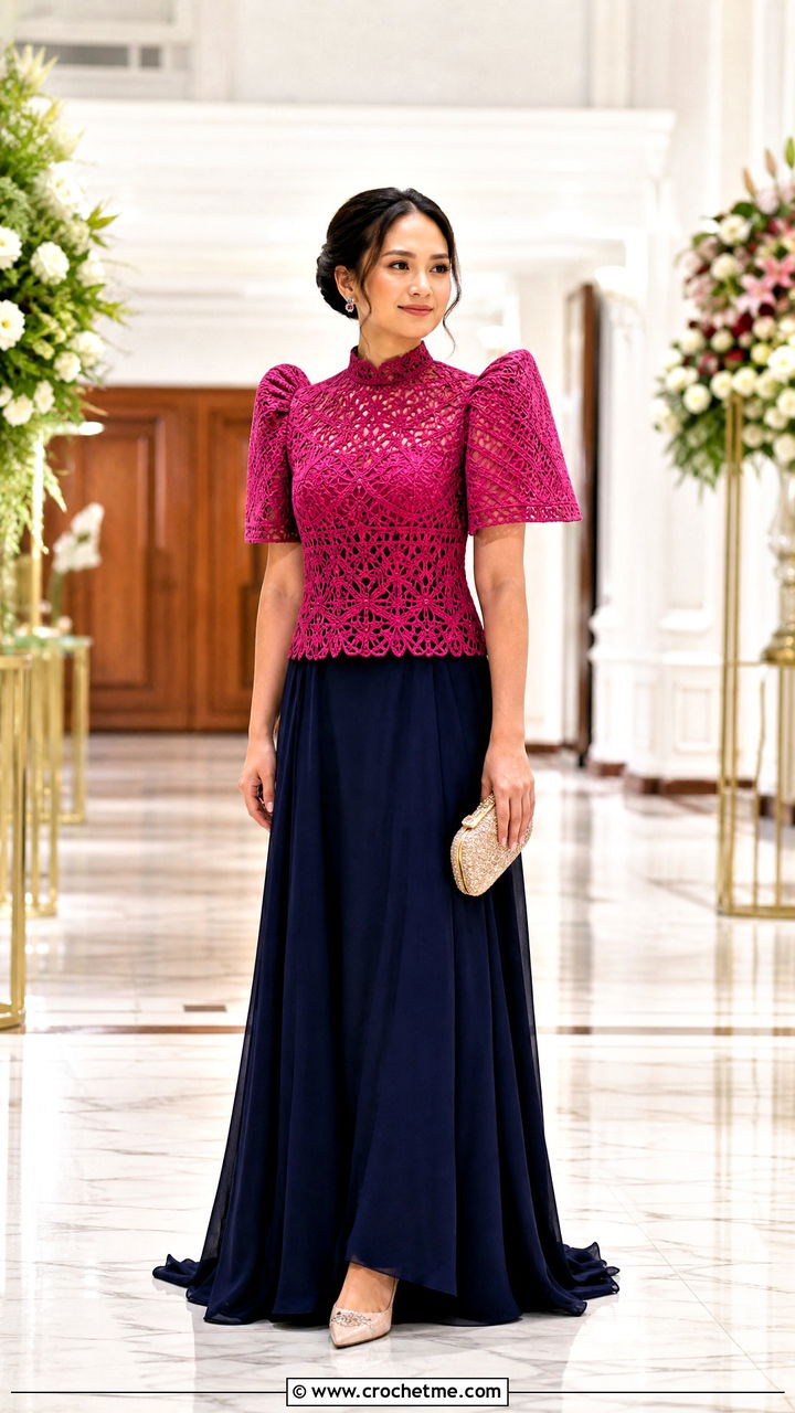 High Neck Crochet Filipiniana Top With Maxi Skirt - 35 crochet filipiniana top outfit ideas