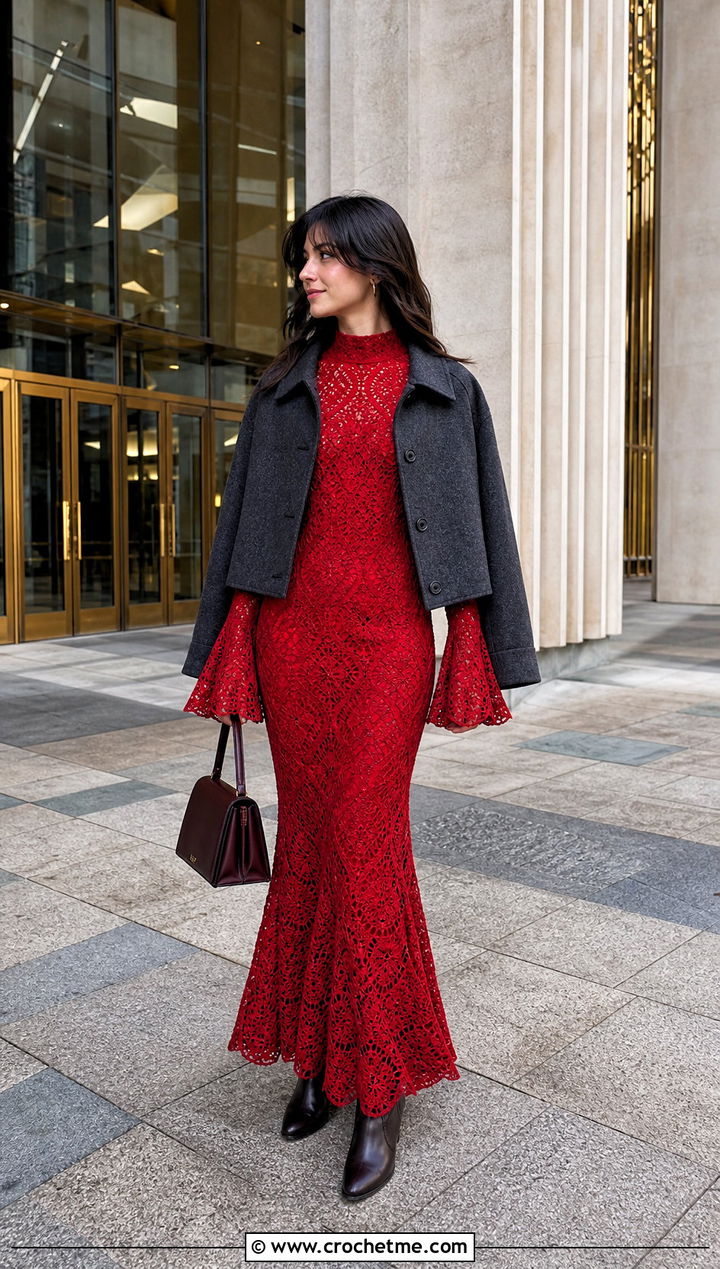 High Neck Crochet Fishtail Flare Sleeve Maxi Dress With Ankle Boots - 20 Crochet Fishtail Flare Sleeve Maxi Dress outfit ideas