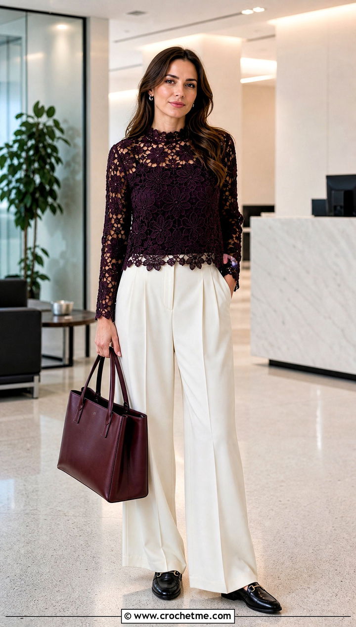 High Neck Crochet Flower Long Sleeve Top With Pleated Trousers - 25 Crochet Flower Top Long Sleeve outfit ideas