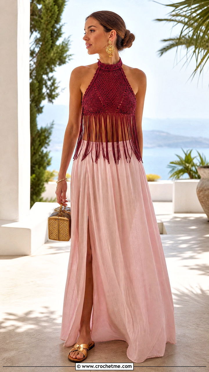 High Neck Crochet Fringe Halter With Maxi Skirt - 35 Crochet Fringe Top outfit ideas