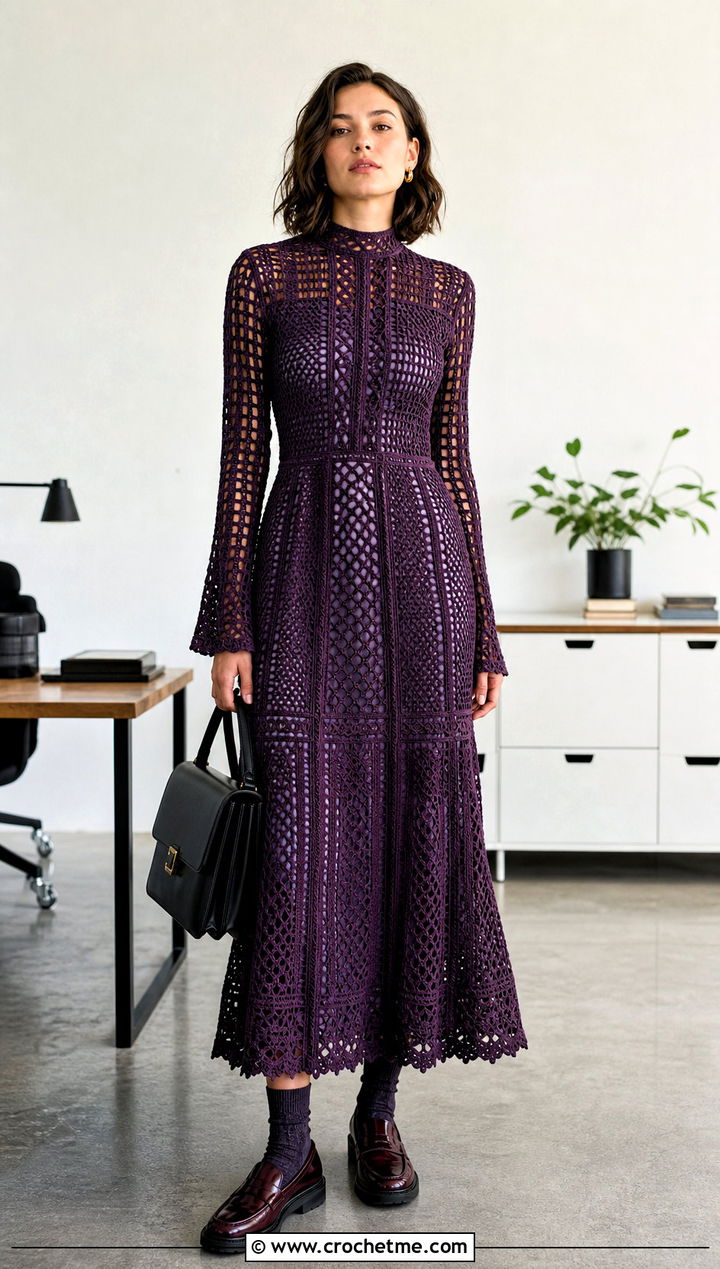 High Neck Crochet Gown Dress With Loafers - 25 Crochet Gown Dress outfit ideas
