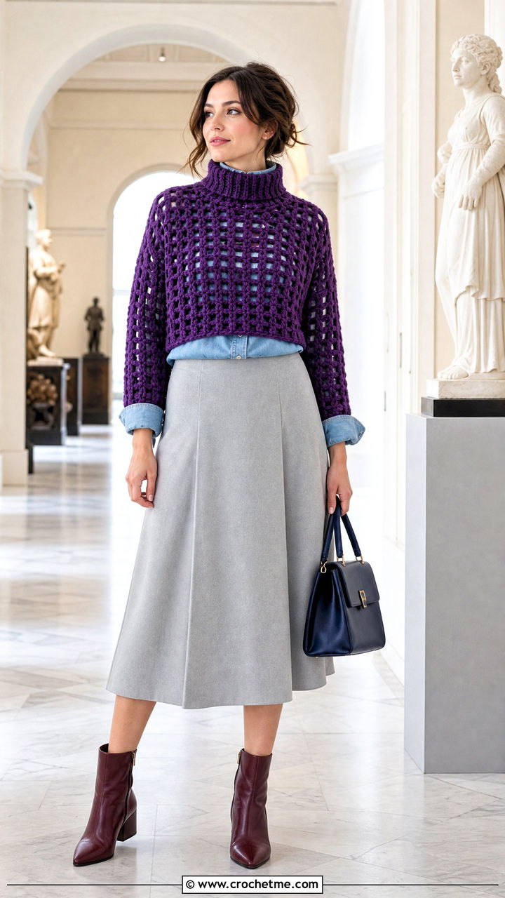 High Neck Crochet Half Sweater With Denim Shirt - 35 crochet half sweater outfit ideas