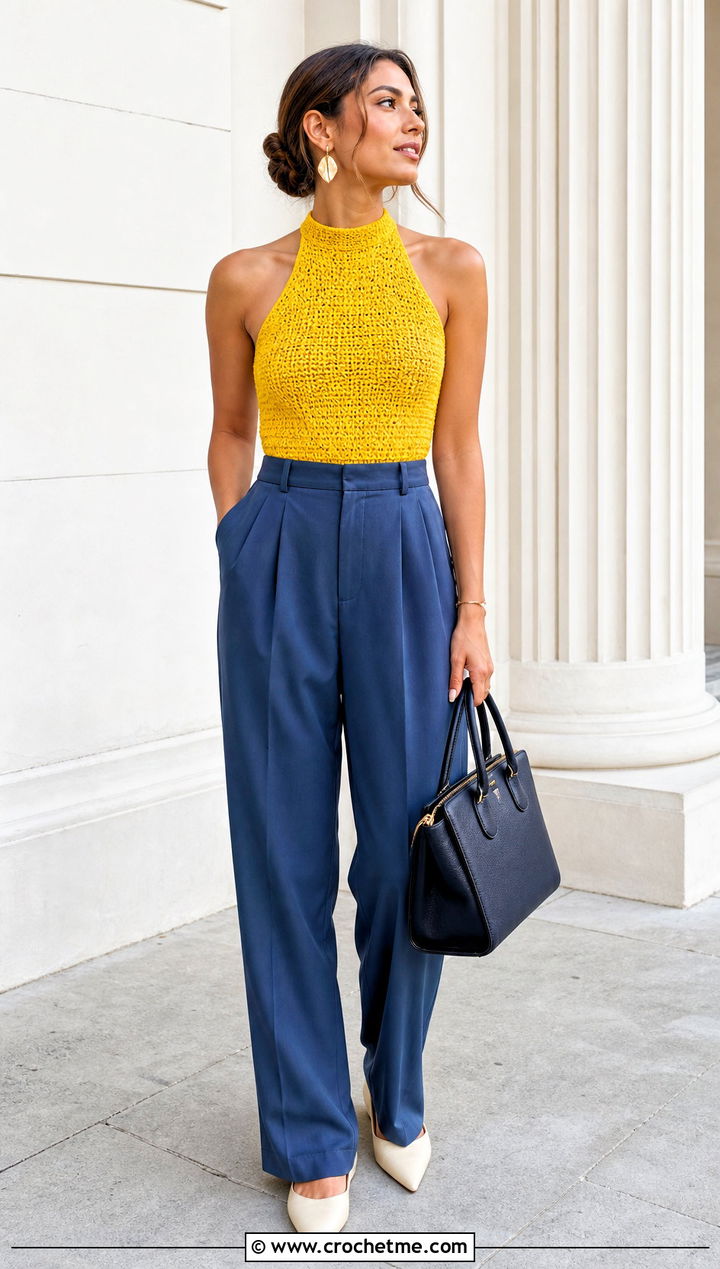 High Neck Crochet Halter Top With Pleated Trousers - 35 crochet halter neck top outfit ideas