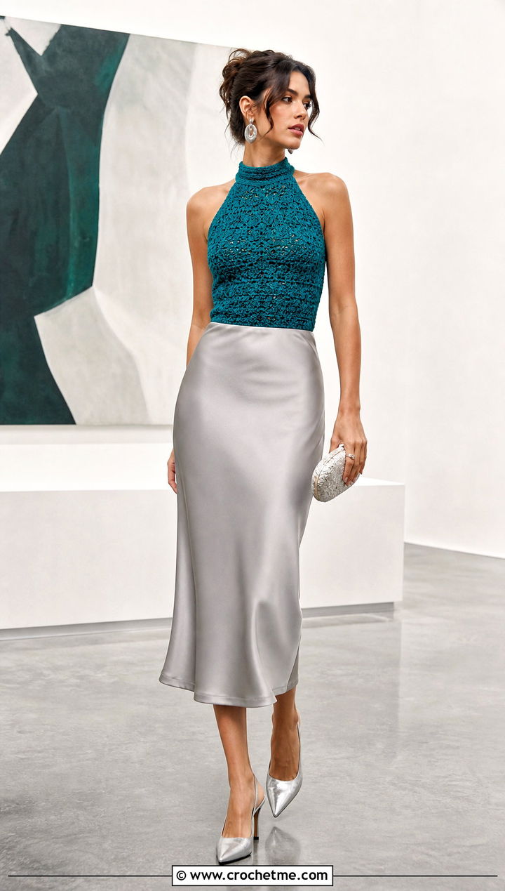 High Neck Crochet Halter Top With Satin Midi Skirt - 35 high neck crochet top outfit ideas