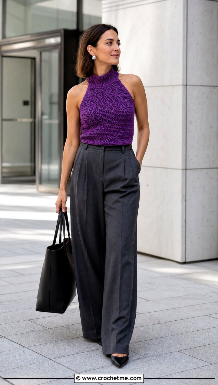 High Neck Crochet Halter Top With Tailored Trousers - 15 crochet tops halter top outfit ideas