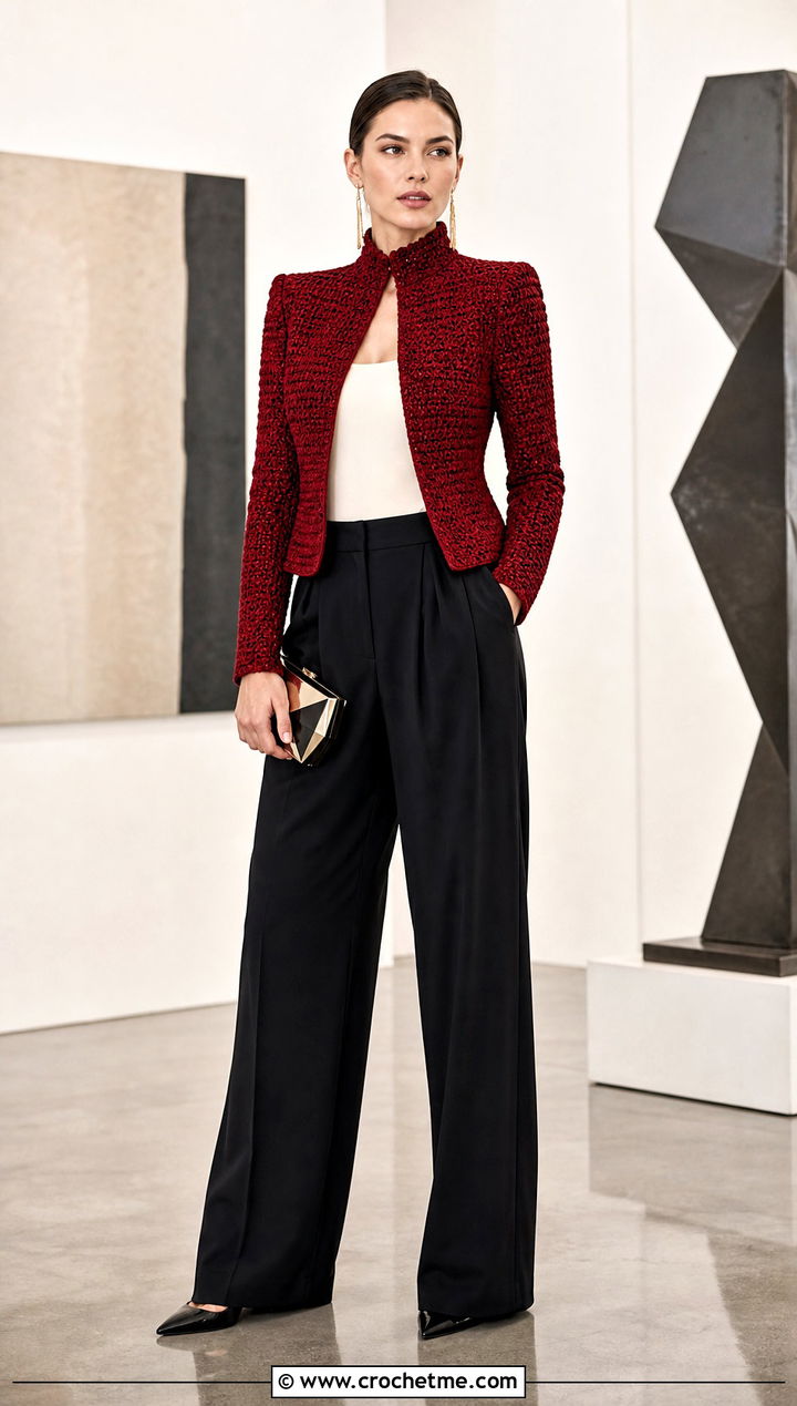 High Neck Crochet Jacket With Wide Leg Suit Pants - 25 Crochet Jacket With Collar outfit ideas