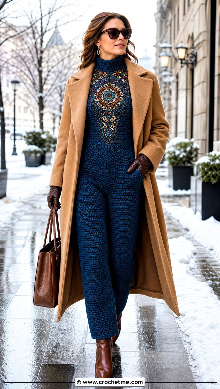High Neck Crochet Jumpsuit With Long Wool Coat - 30 Women Crochet Jumpsuit outfit ideas