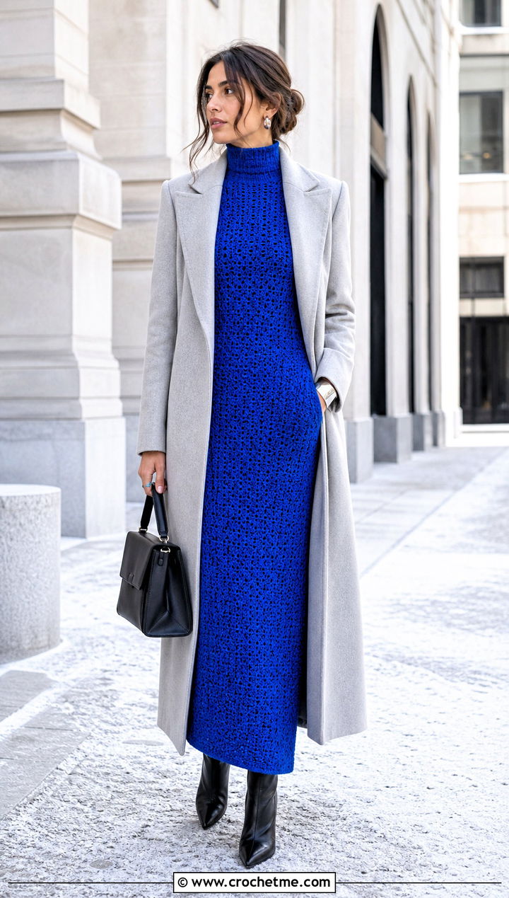 High Neck Crochet Knit Column Dress With Long Coat - 35 Crochet Knit Dress outfit ideas