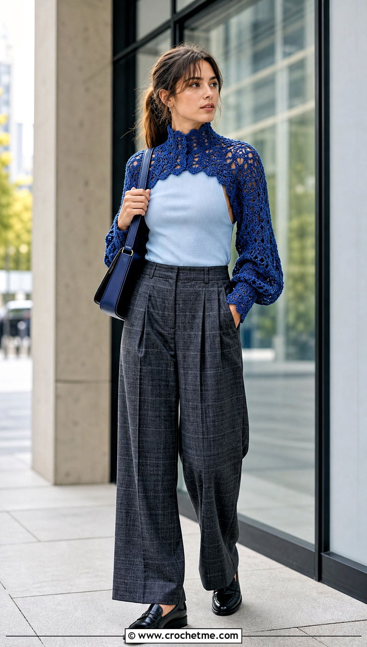 High Neck Crochet Lace Shrug With Plaid Trousers - 35 crochet lace shrug outfit ideas