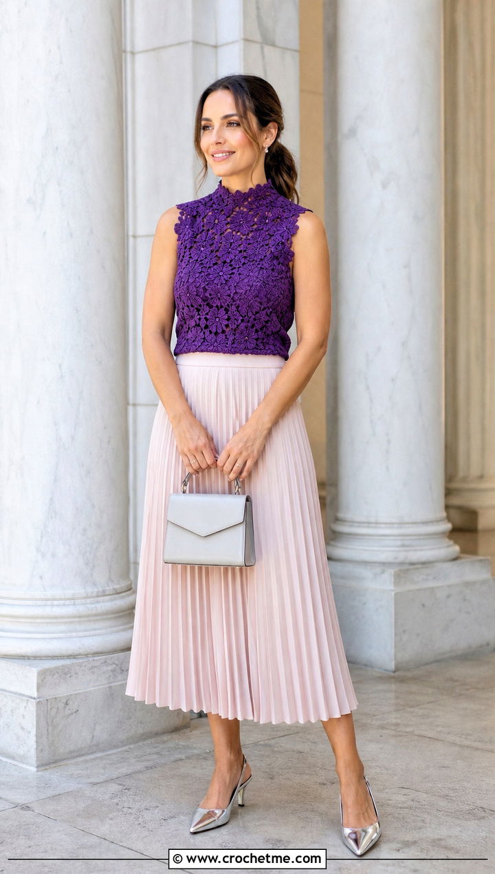 High Neck Crochet Lily Top With Pleated Midi Skirt - 30 crochet lily top outfit ideas