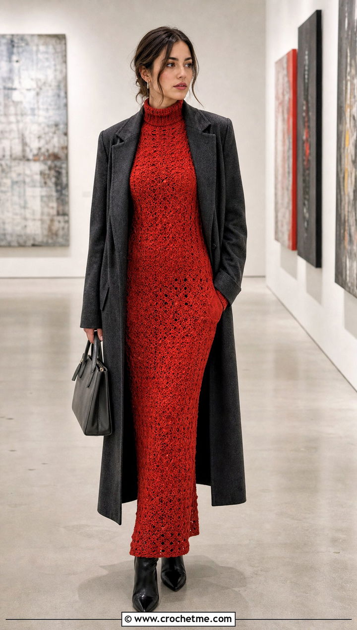 High Neck Crochet Long Dress With Long Coat - 25 Crochet Long Dresses outfit ideas