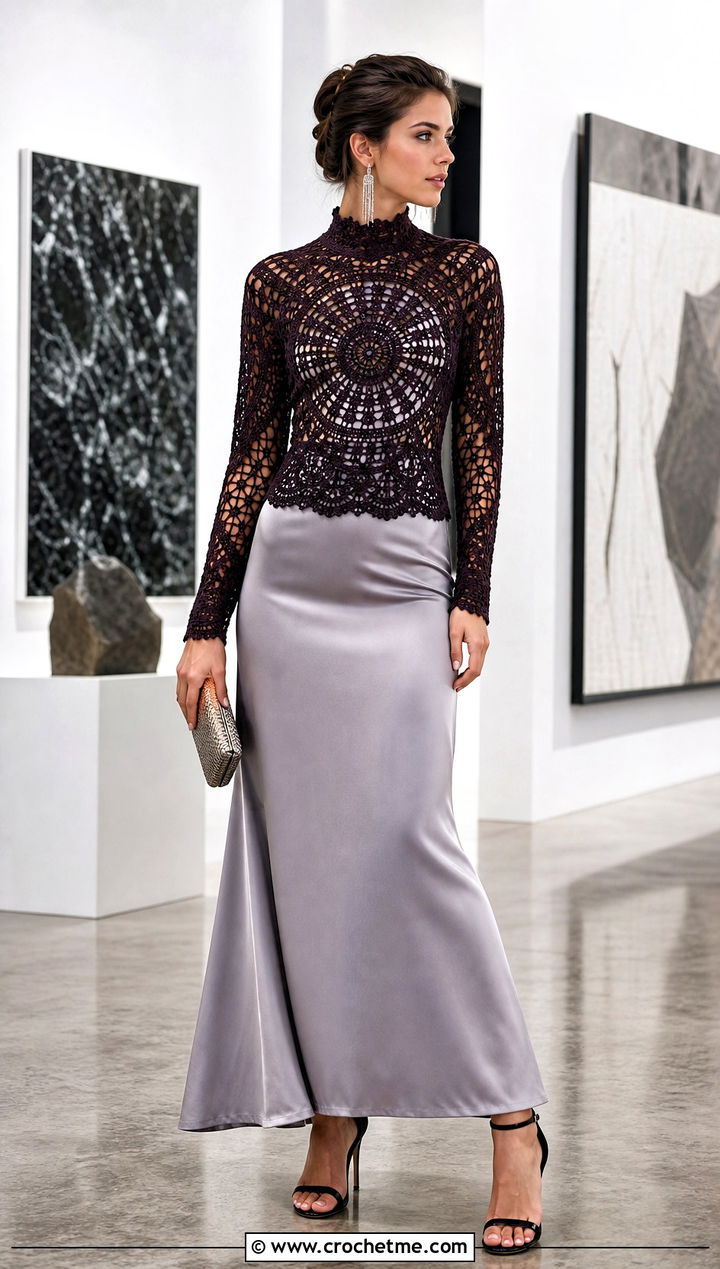 High Neck Crochet Mandala Top With Satin Maxi Skirt - 35 crochet mandala top outfit ideas
