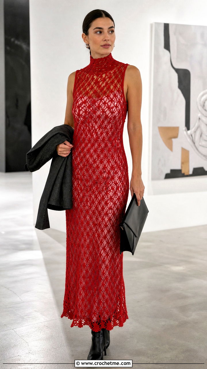 High Neck Crochet Mesh Maxi Dress With Pointed Boots - 35 crochet mesh dress outfit ideas