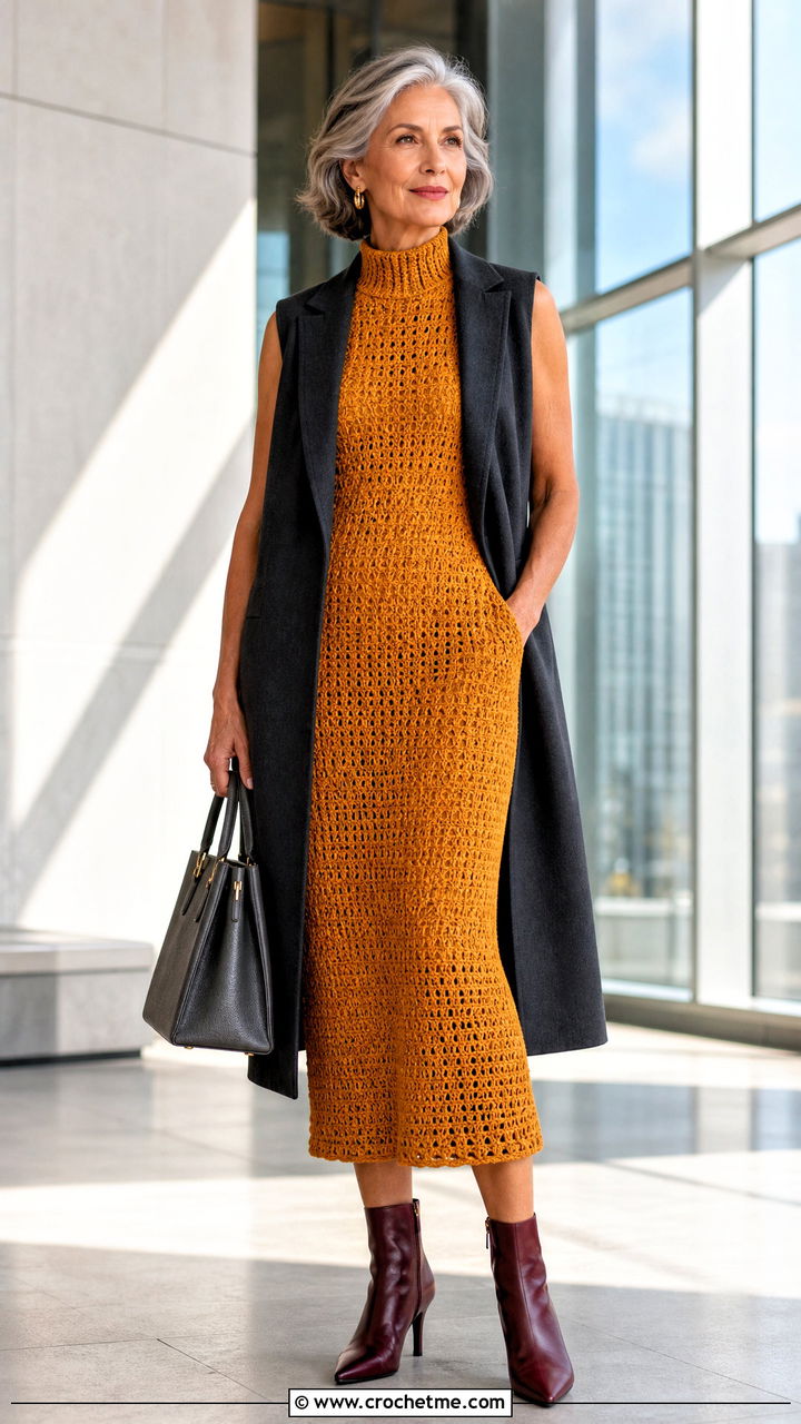 High Neck Crochet Midi Dress With Long Vest - 35 crochet dress inspo outfit ideas