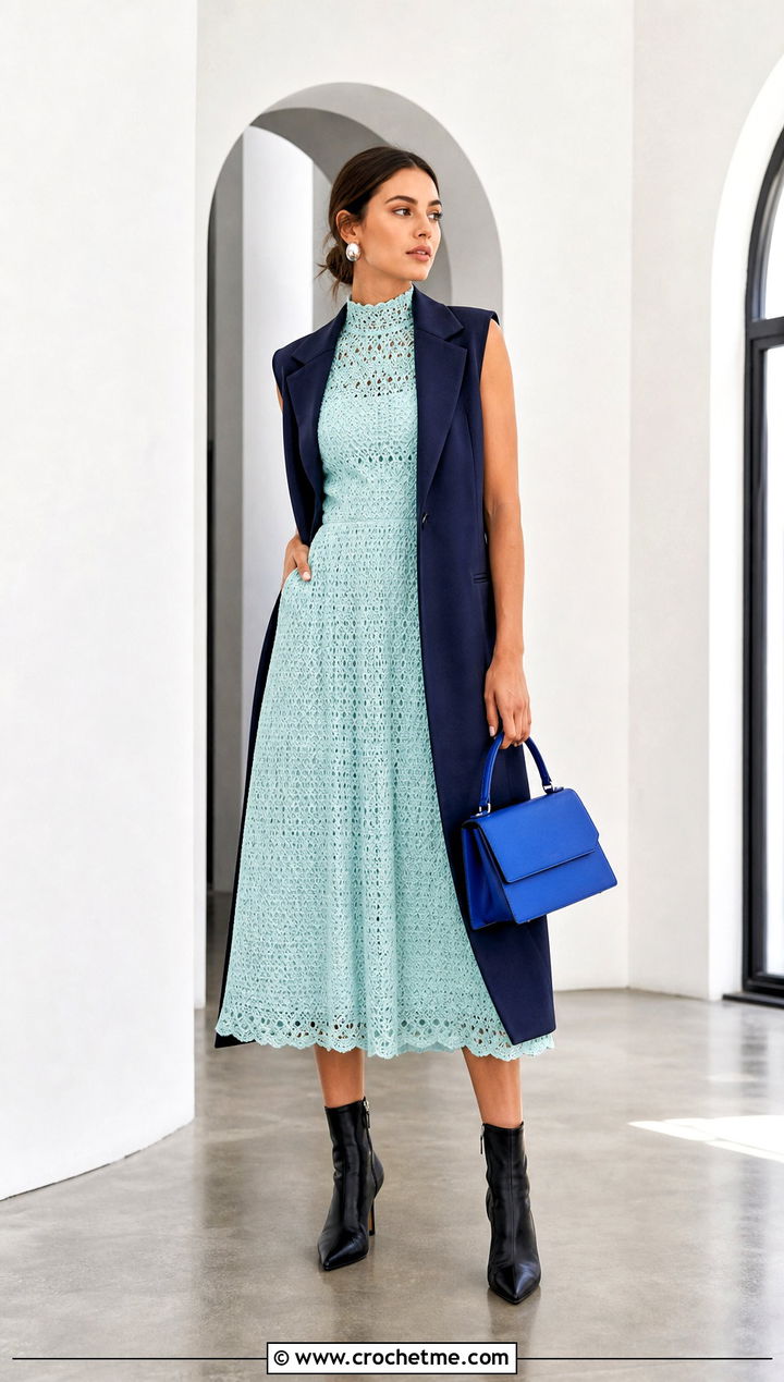High Neck Crochet Milkmaid Dress With Tailored Vest - 30 crochet milkmaid dress outfit ideas