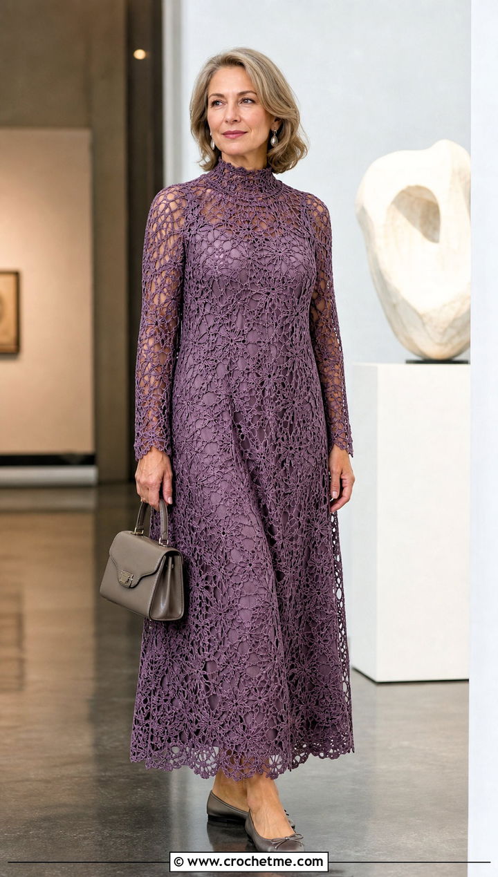 High Neck Crochet Nightgown With Ballet Flats - 35 crochet nightgown outfit ideas