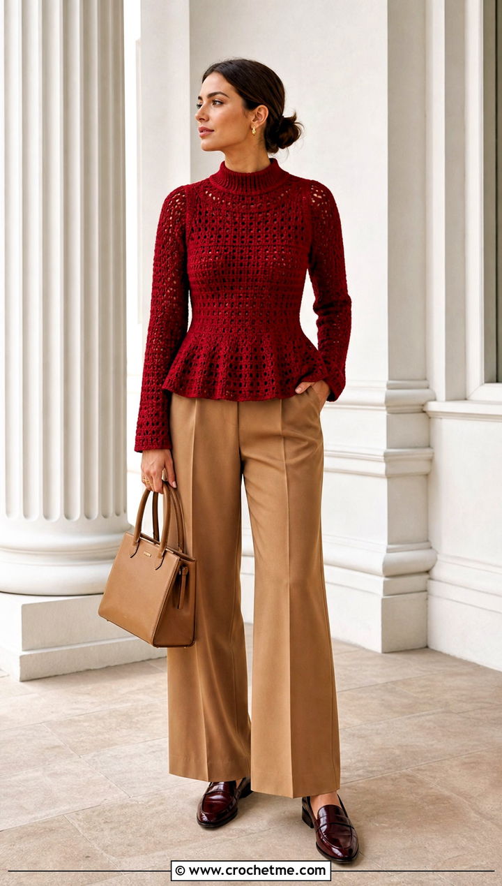 High Neck Crochet Peplum Sweater With Wide Leg Trousers - 15 Crochet Peplum Sweater outfit ideas