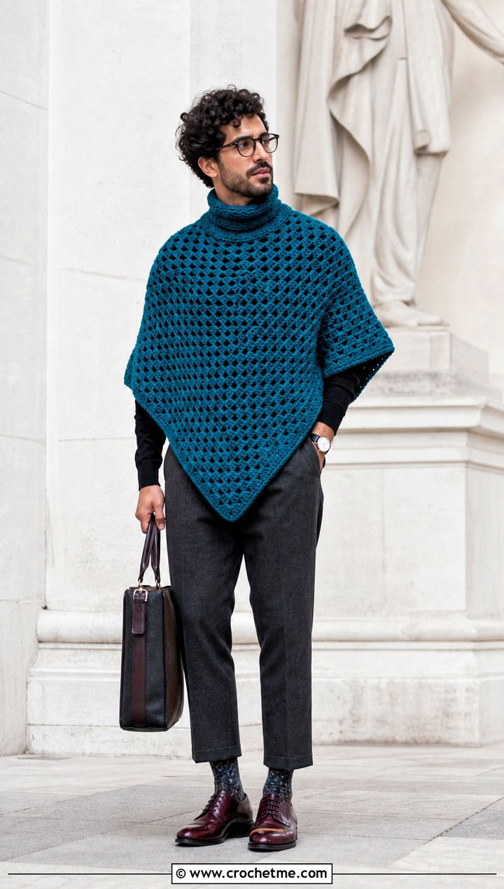 High Neck Crochet Poncho With Cropped Trousers - 30 men crochet poncho outfit ideas