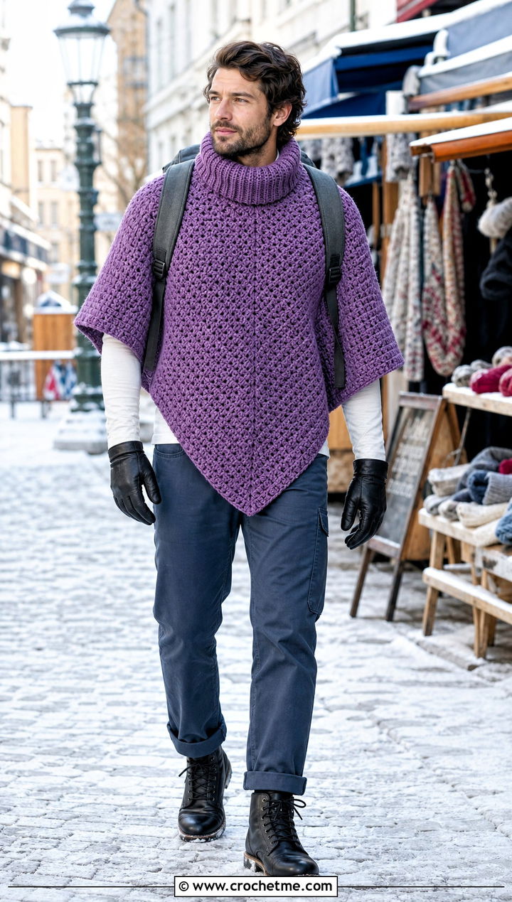 High Neck Crochet Poncho With Workwear Trousers - 25 mens crochet poncho outfit ideas