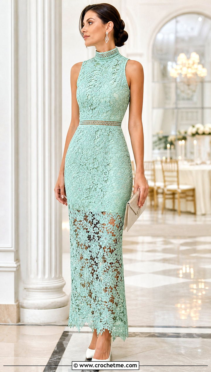 High Neck Crochet Prom Dress With Sleek Accessories - 25 Crochet Prom Dress outfit ideas