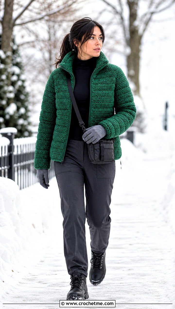 High Neck Crochet Puffer Jacket With Thermal Layers - 35 crochet puffer jacket outfit ideas