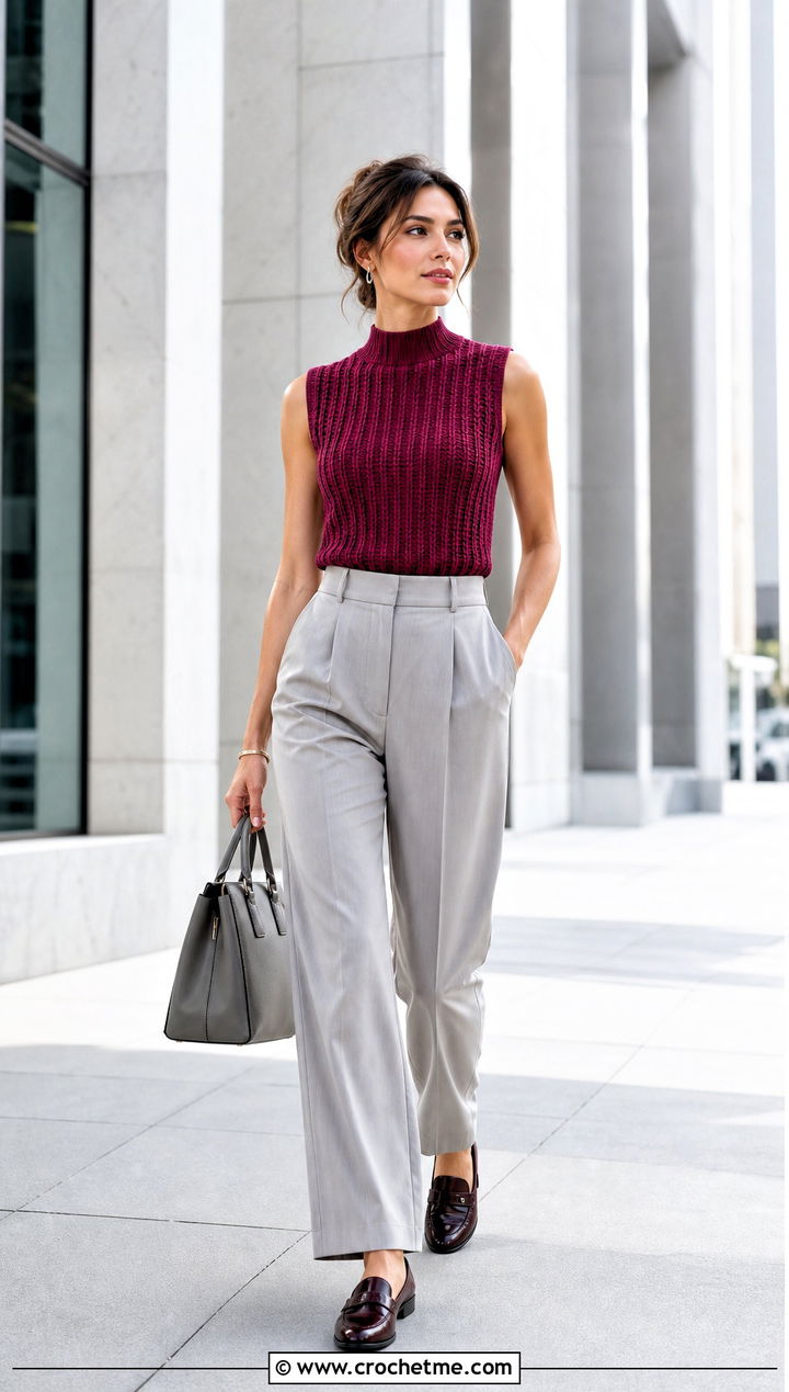 High Neck Crochet Ribbed Vest With Pleated Trousers - 20 crochet ribbed vest outfit ideas