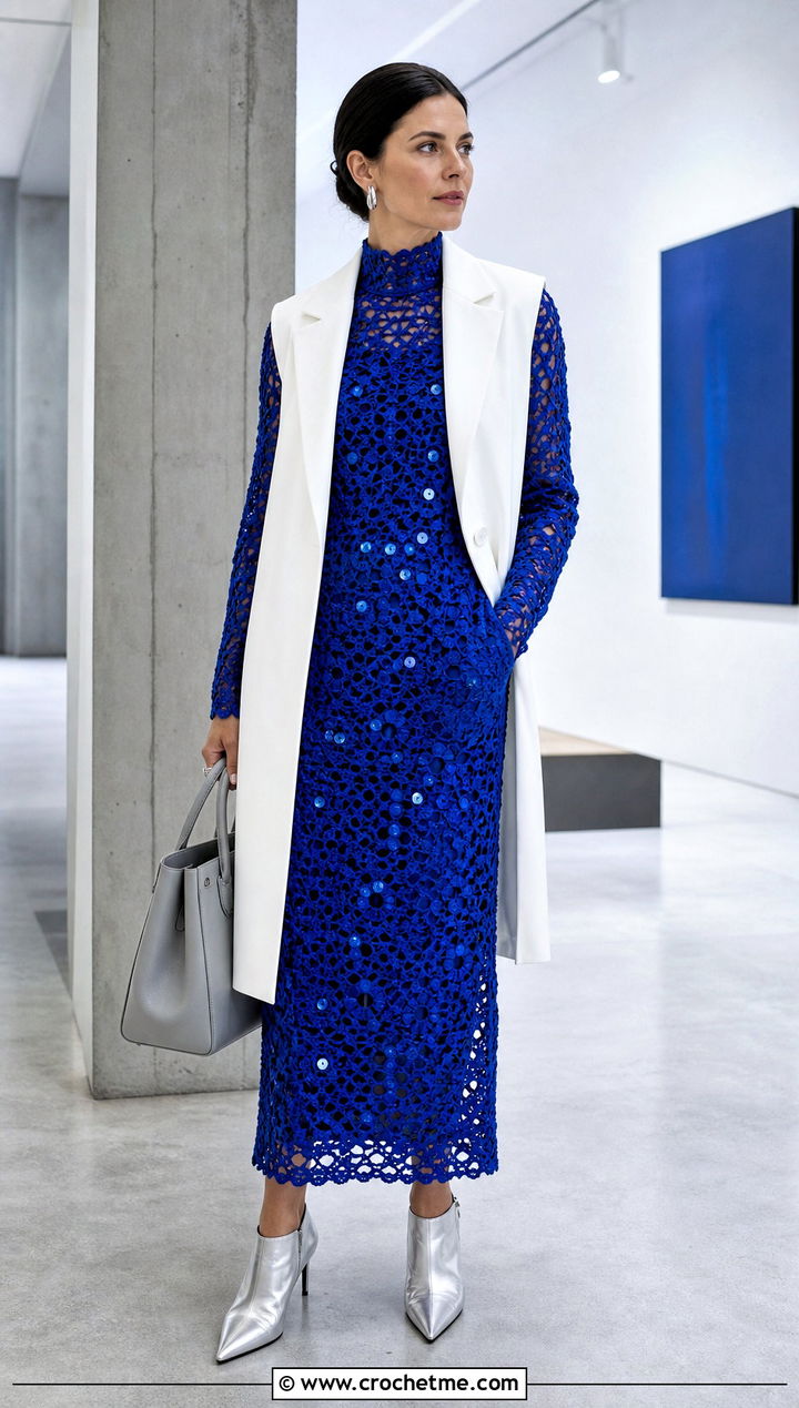 High Neck Crochet Sequin Dress With Longline Vest - 35 crochet sequin dress outfit ideas