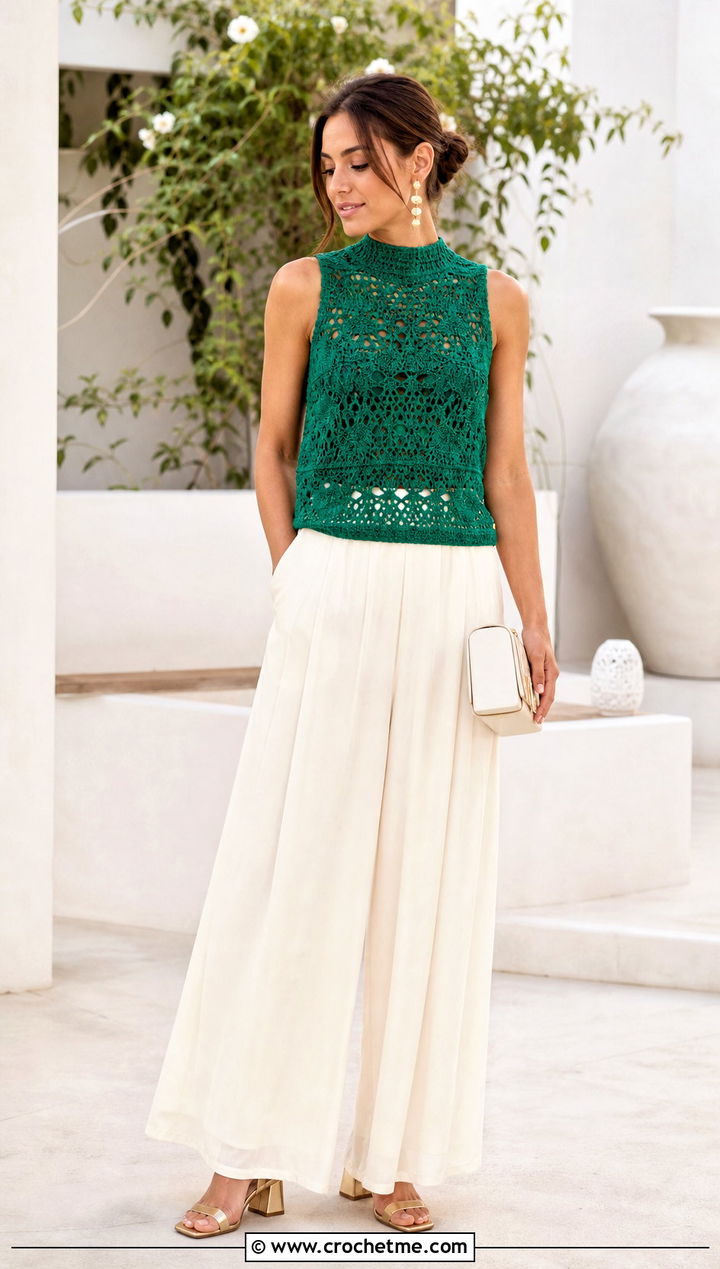 High Neck Crochet Shell With Palazzo Pants - 25 lightweight crochet top outfit ideas